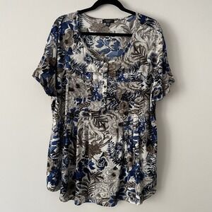 Cocomo Dark Floral Pleated Button Popover Blouse Size 2X Stretch Knit Boho Moody